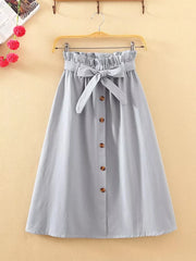 Summer Autumn Skirts Womens Midi Knee Length Korean Elegant Button High Waist Skirt Female Pleated School Skirt