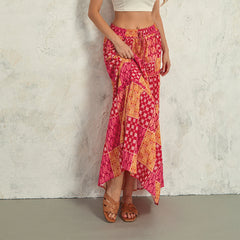 Women's Bohemian Skirts Vintage Elastic High Waist A-Line Skirts Tiered Long Skirts with Pockets