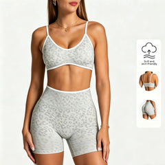 Women Leopard Print 2 Piece Yoga Set High Waist Butt Lift Biker Shorts Adjustable Strap Sports Bra Gym Workout Activewear
