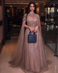Elegant High-Neck A-Line Evening Dresses Long Sleeve Feather Applique & Beading Cocktail Dress for Prom Party Dresses