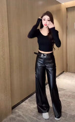 Black PU Leather Flare Pants