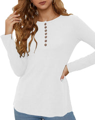 Women'S Waffle Knit Tops Casual Long Sleeve Blouses Slim Fit Button down V Neck Henley Shirt