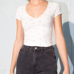 Crop Top Woman Brandy Floral Tee Shirt Short Sleeve V Neck Female Summer Top Sexy Girls Slim Fit Tshirt Women T-Shirts