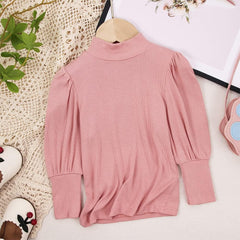 Toddler Baby Girl Basic Solid Color Turtleneck T Shirt Ribbed Knit Top Puff Long Sleeve Soft Cotton Clothes
