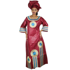 African Dresses for Women Elegant Floral Embroidered plus Size Robe Scoop Neck Attire with Scarf