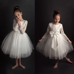 Flower Girl Dress Long Sleeves Lace Top Tulle Skirt Girls Lace Party Dresses