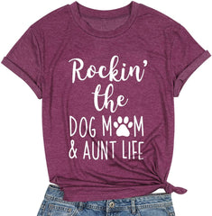 Dog Mom Shirt for Women: Rockin' the Dog Mom Aunt Life Tshirt Funny Dog Lover Gift Tee Short Sleeve Tops