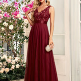 Deep V-Neck Embroidered Tulle Wedding Dress