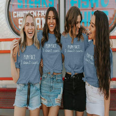 Fun Fact L Don'T Care Letter Print T-Shirt for Women Funny Sayings Cute Graphic Tees