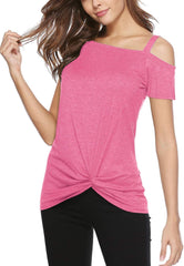 Women Cold Shoulder Tops: Summer Short Sleeve Shirts Casual Twist Knot Blouse T-Shirt S-2XL
