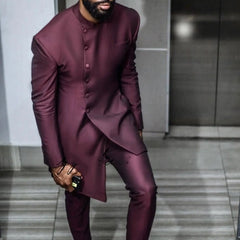 Burgundy Stand Collar Wedding Tuxedos Groomsman Attire Groom Wear Prom Dinner Party Terno Masculino Suits (Jacket + Pants)