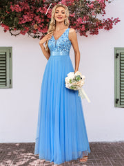 Deep V-Neck Embroidered Tulle Wedding Dress