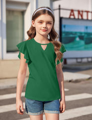 Girls Shirts Short Sleeve Tee Ruffle Solid Summer Keyhole Neck Cotton Blouse Tops