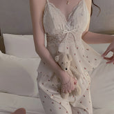 Women Cherry Print Lace Pajama Set