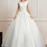Elegant A-line Wedding Dress For Women, Worsted Lace Embroidery, Mesh Round Neck Embroidery, Suitable For Weddings And Parties