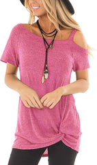 Women Cold Shoulder Tops: Summer Short Sleeve Shirts Casual Twist Knot Blouse T-Shirt S-2XL