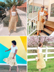 Women'S Floral Midi Skirts Elastic High Waist A-Line Swing Skirts
