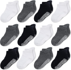 Ankle Style Socks with Grip for Little Girls & Boys, Infants, Toddlers, Children - 12 Pairs