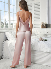 Women Lace Trim Satin Pajama Set