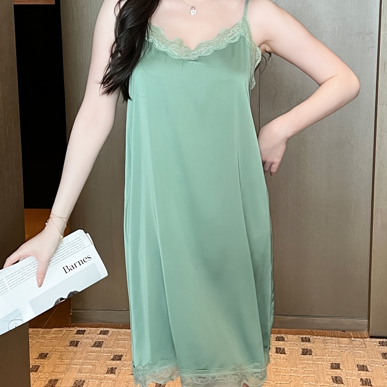 Women Satin Lace Trim Night Dress