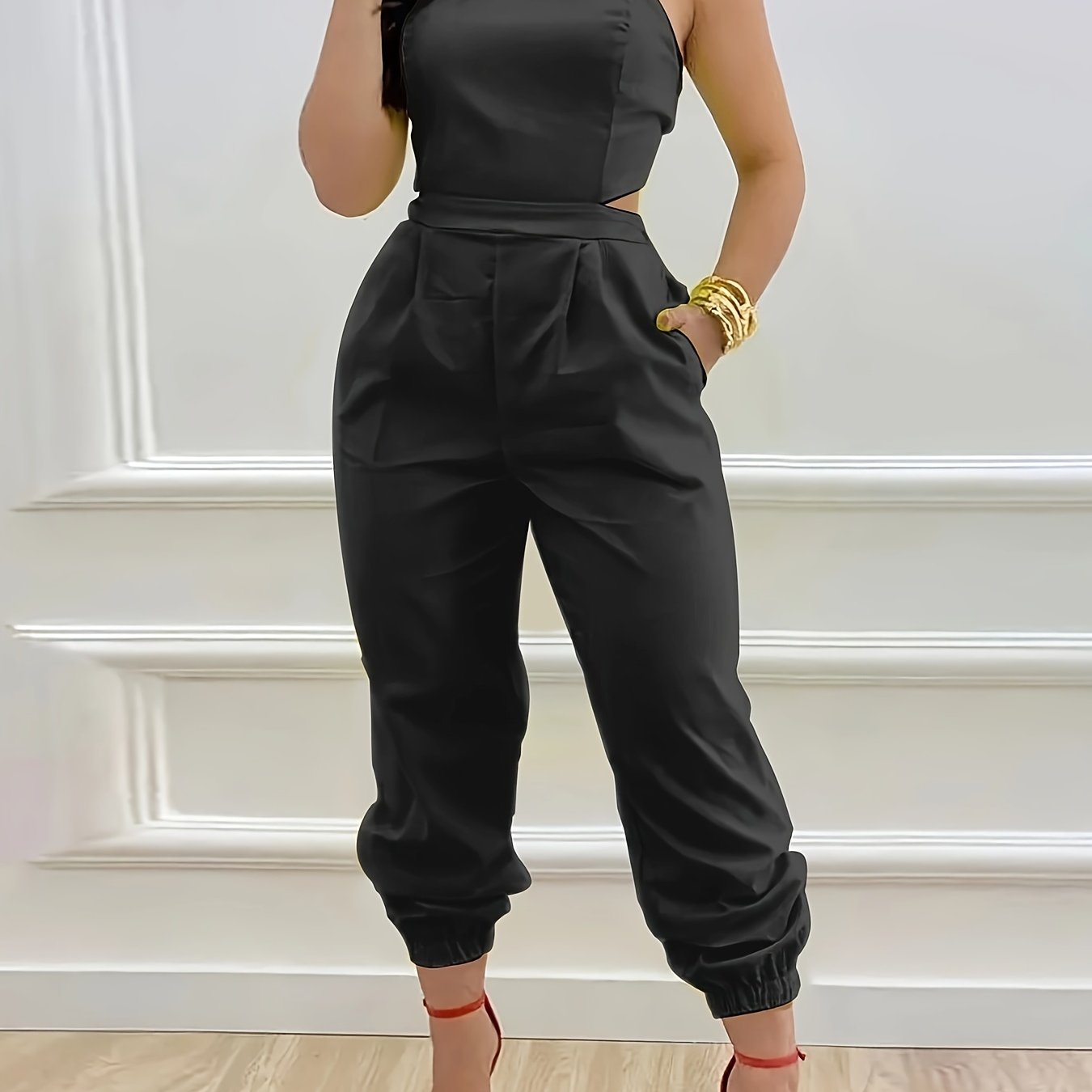 Women Backless Sleeveless Pocket Jumpsuit