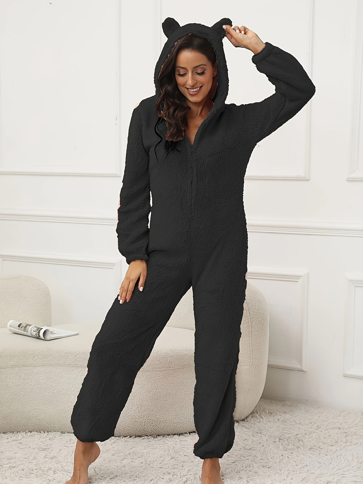 Women Hooded Fuzzy Lounge Jumpsuit