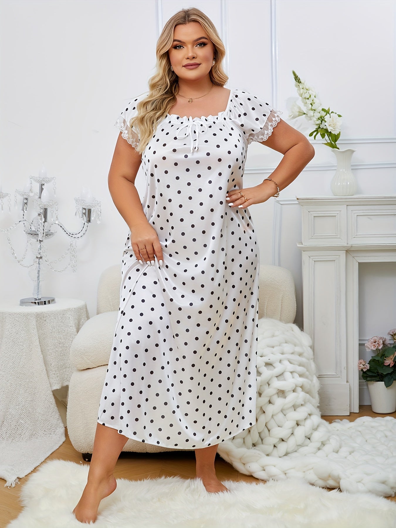 Plus Size Polka Dot Satin Night Dress
