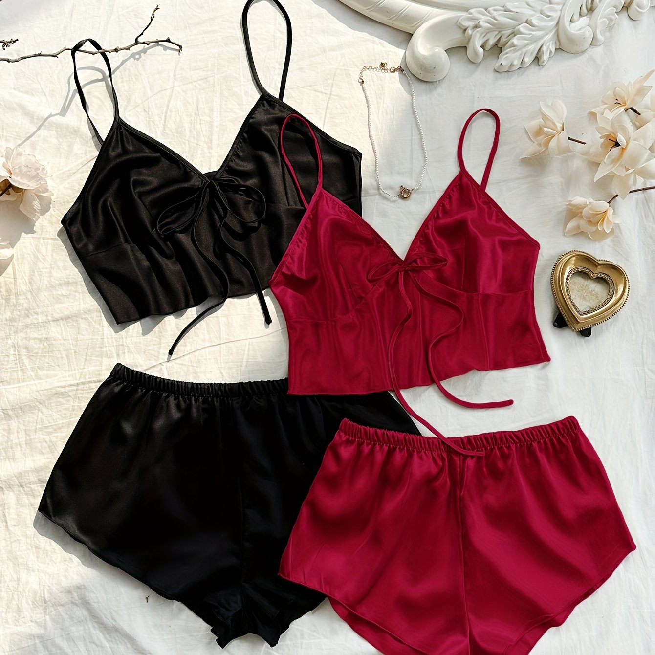 Women Satin Cami Pajama Shorts Set
