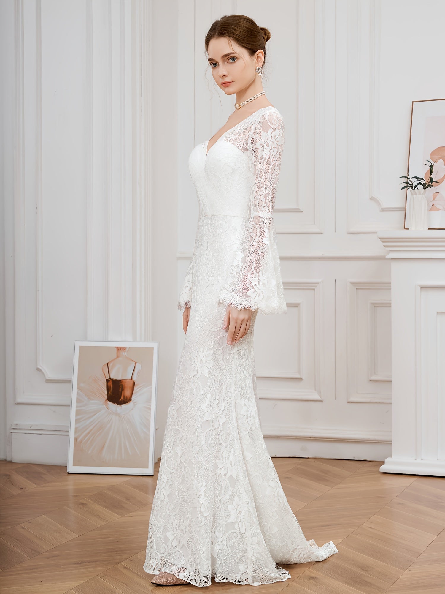 Floor-Length Lace V-Neck Wedding Dress