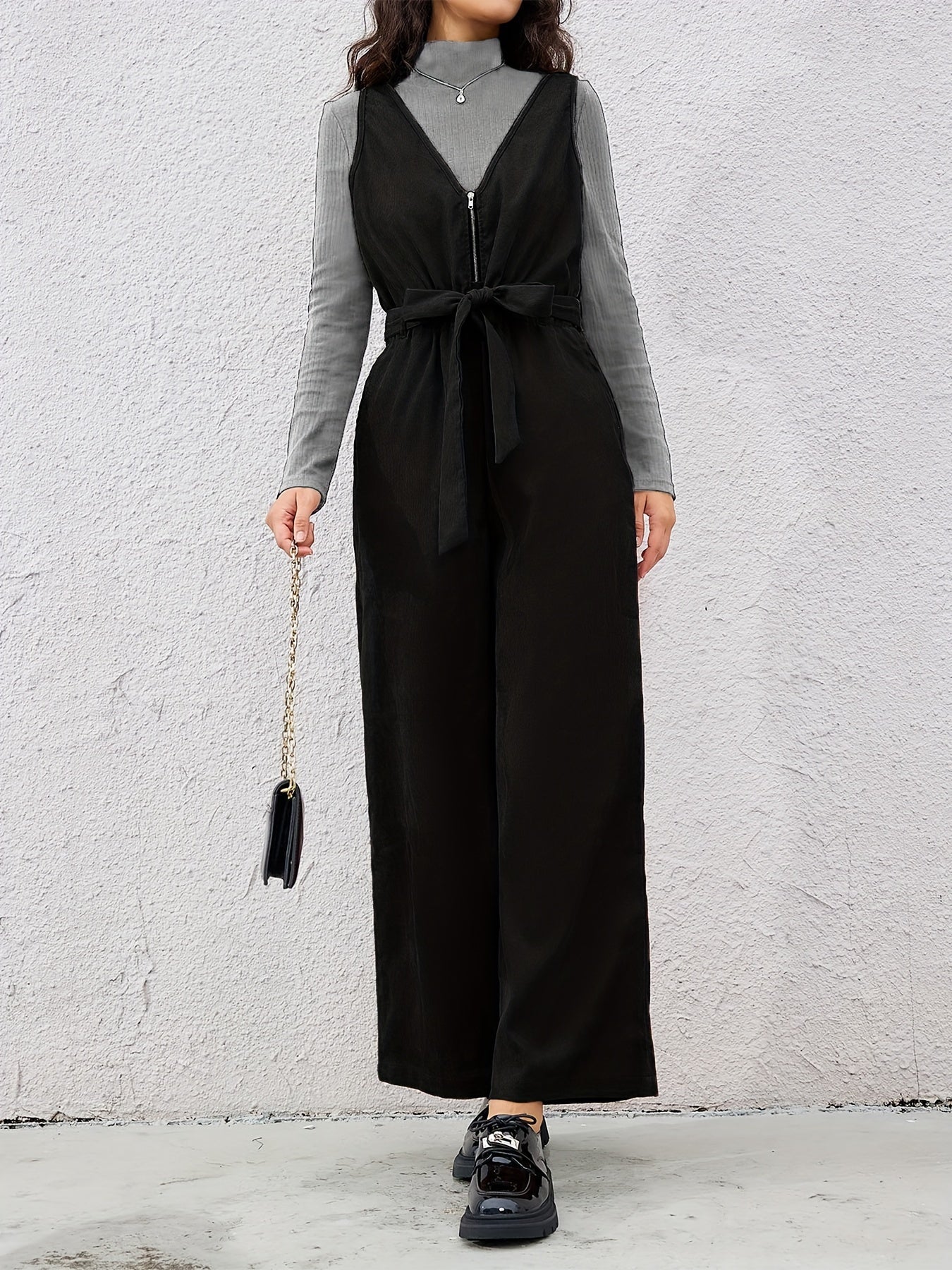 Women Belted V-Neck Zipper Jumpsuit