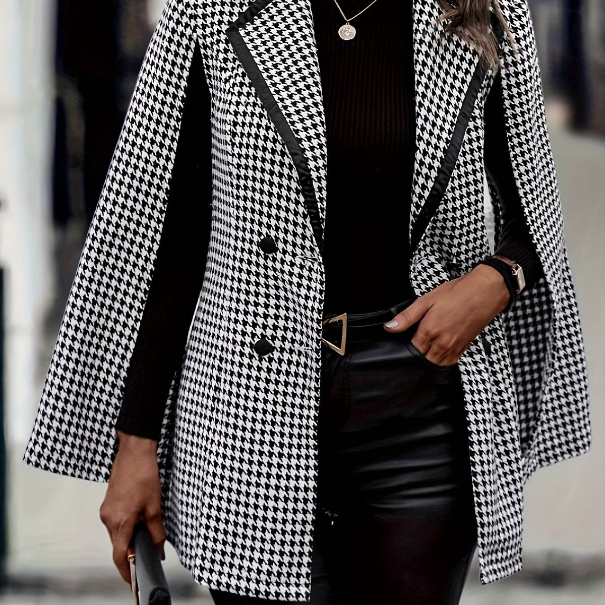 Elegant Houndstooth Cape Blazer