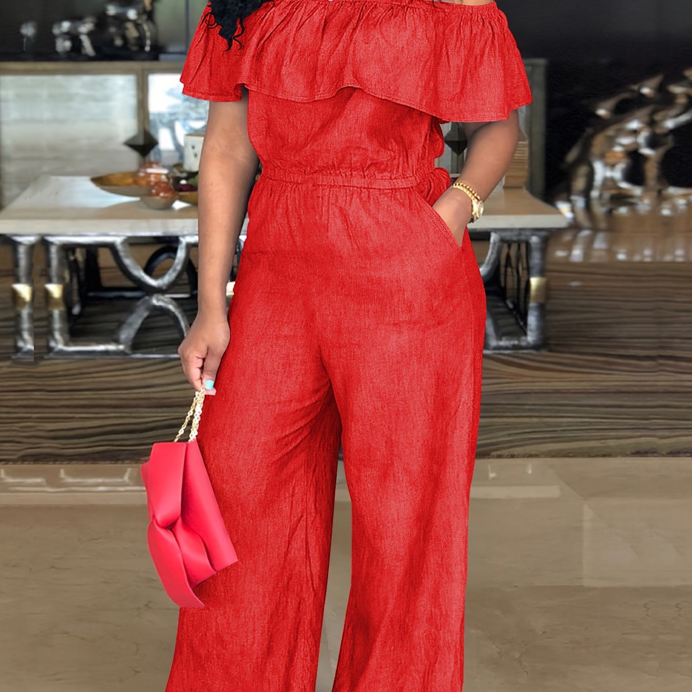 Plus Size Off Shoulder Ruffle Jumpsuit