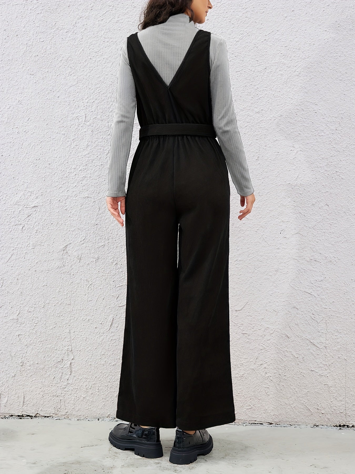 Women Belted V-Neck Zipper Jumpsuit