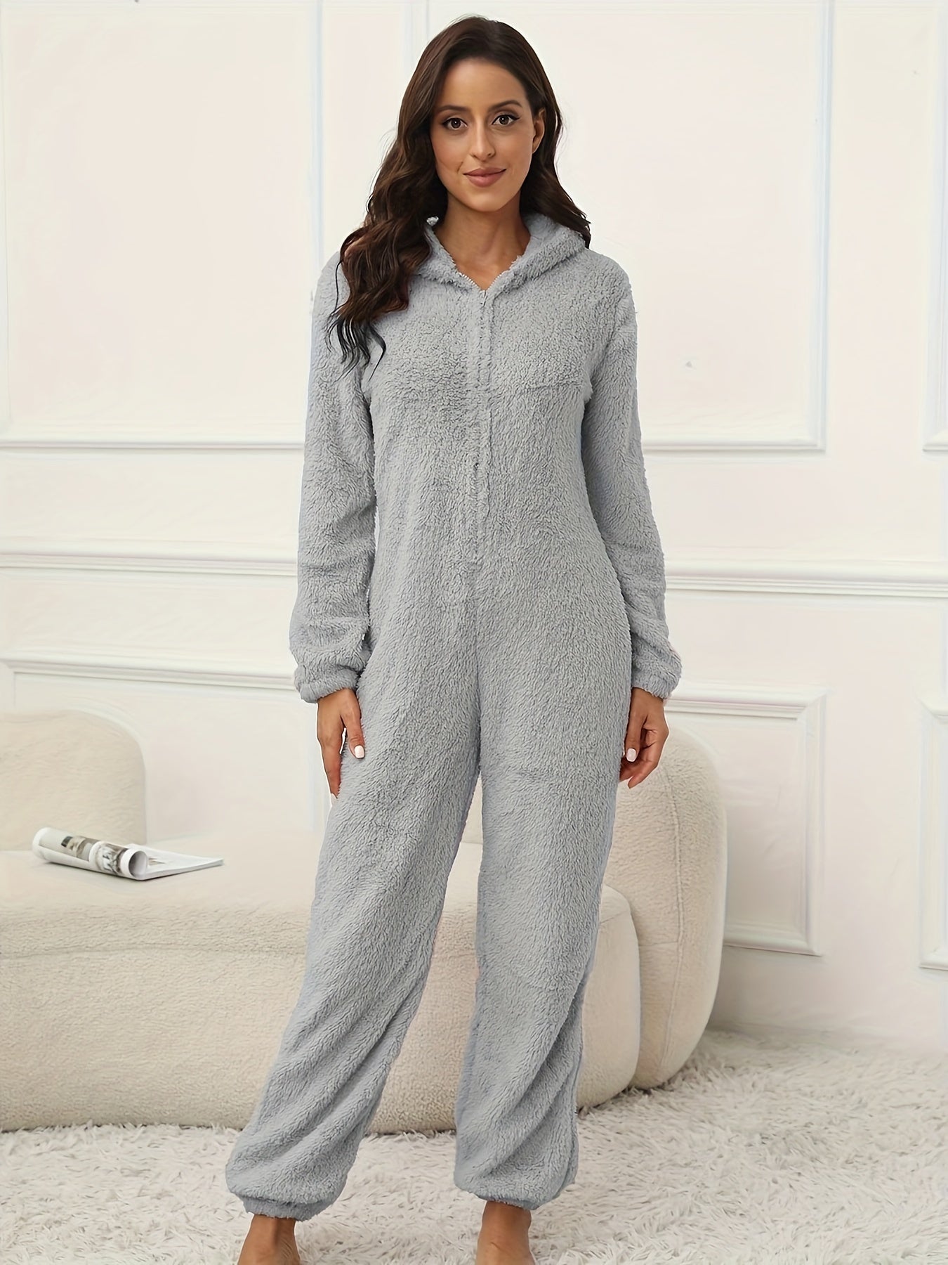 Women Hooded Fuzzy Lounge Jumpsuit