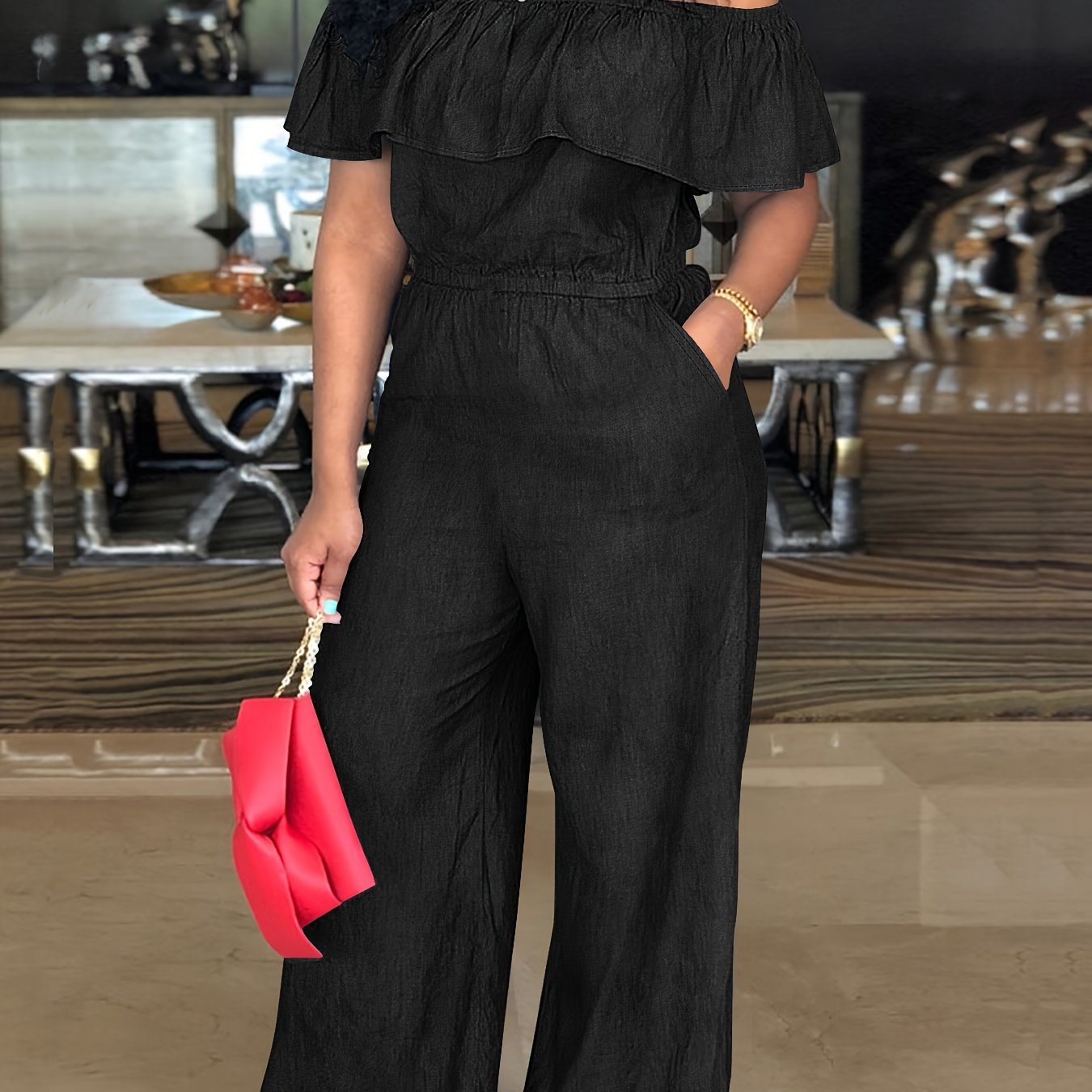 Plus Size Off Shoulder Ruffle Jumpsuit