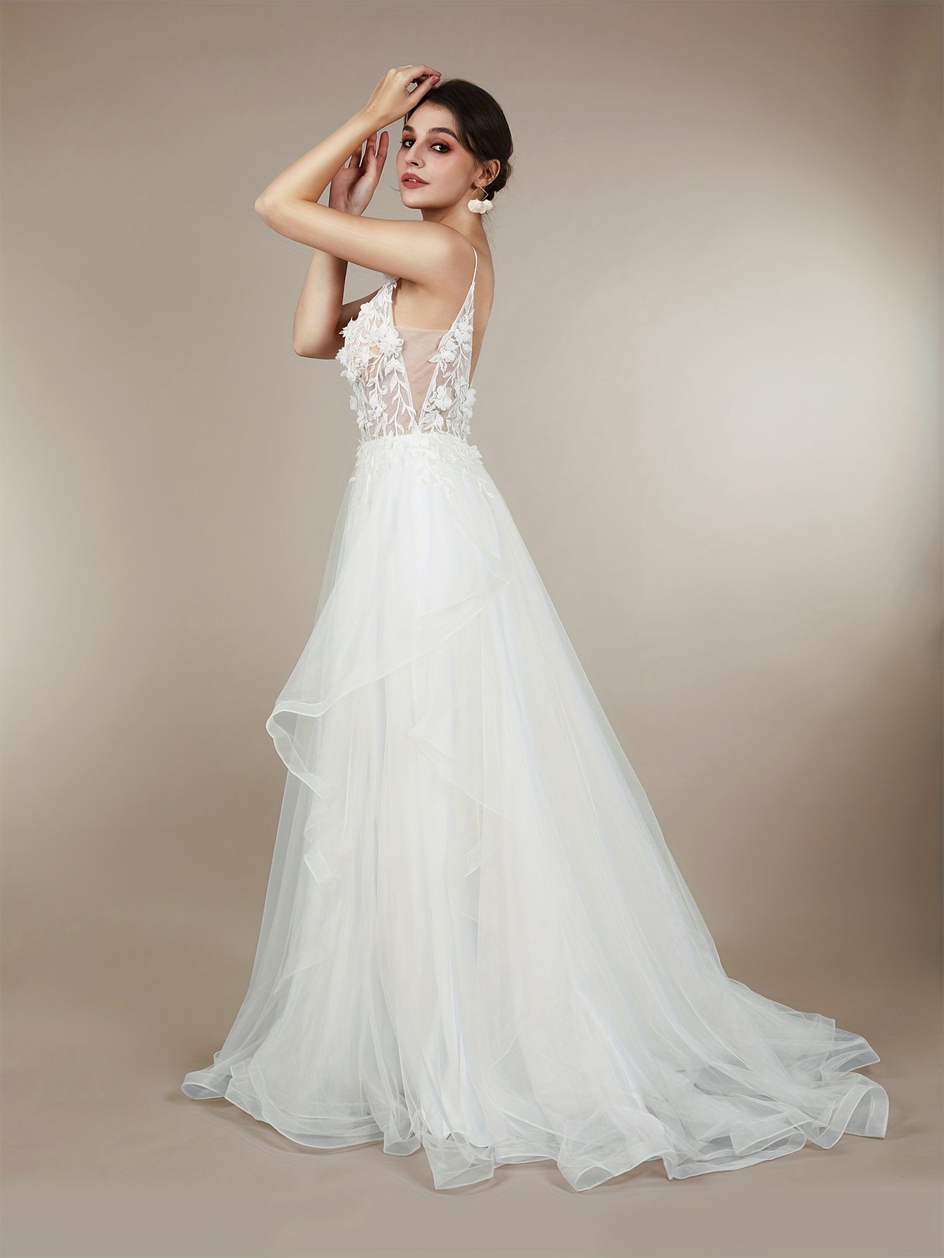 Plunging Neck Applique Wedding Cami Dress