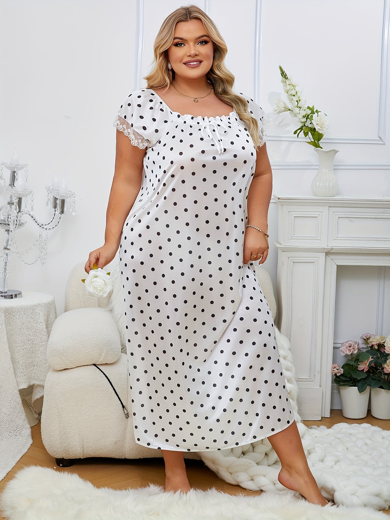 Plus Size Polka Dot Satin Night Dress