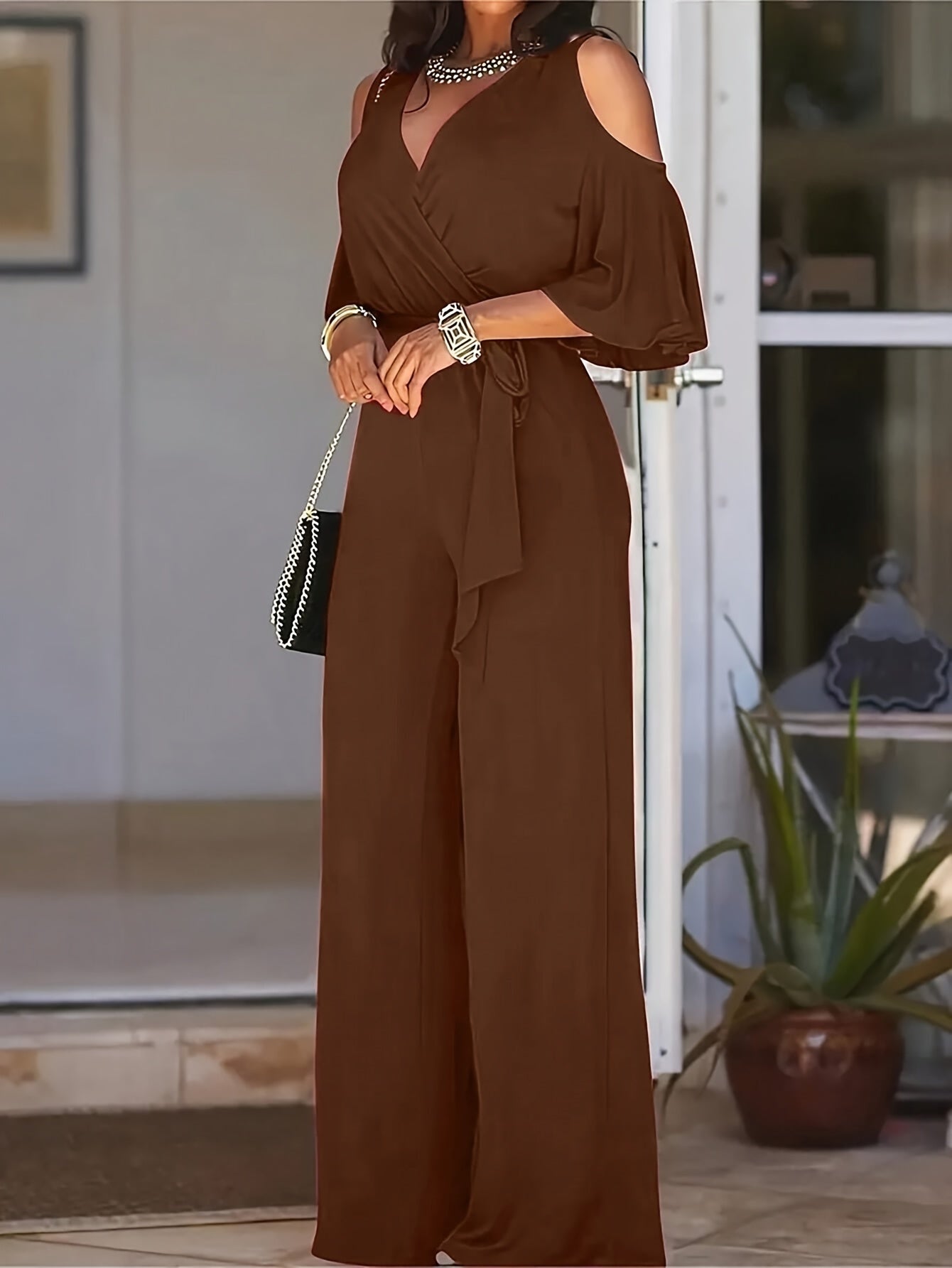 Women Cold Shoulder V-Neck Jumpsuit