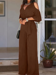 Women Cold Shoulder V-Neck Jumpsuit