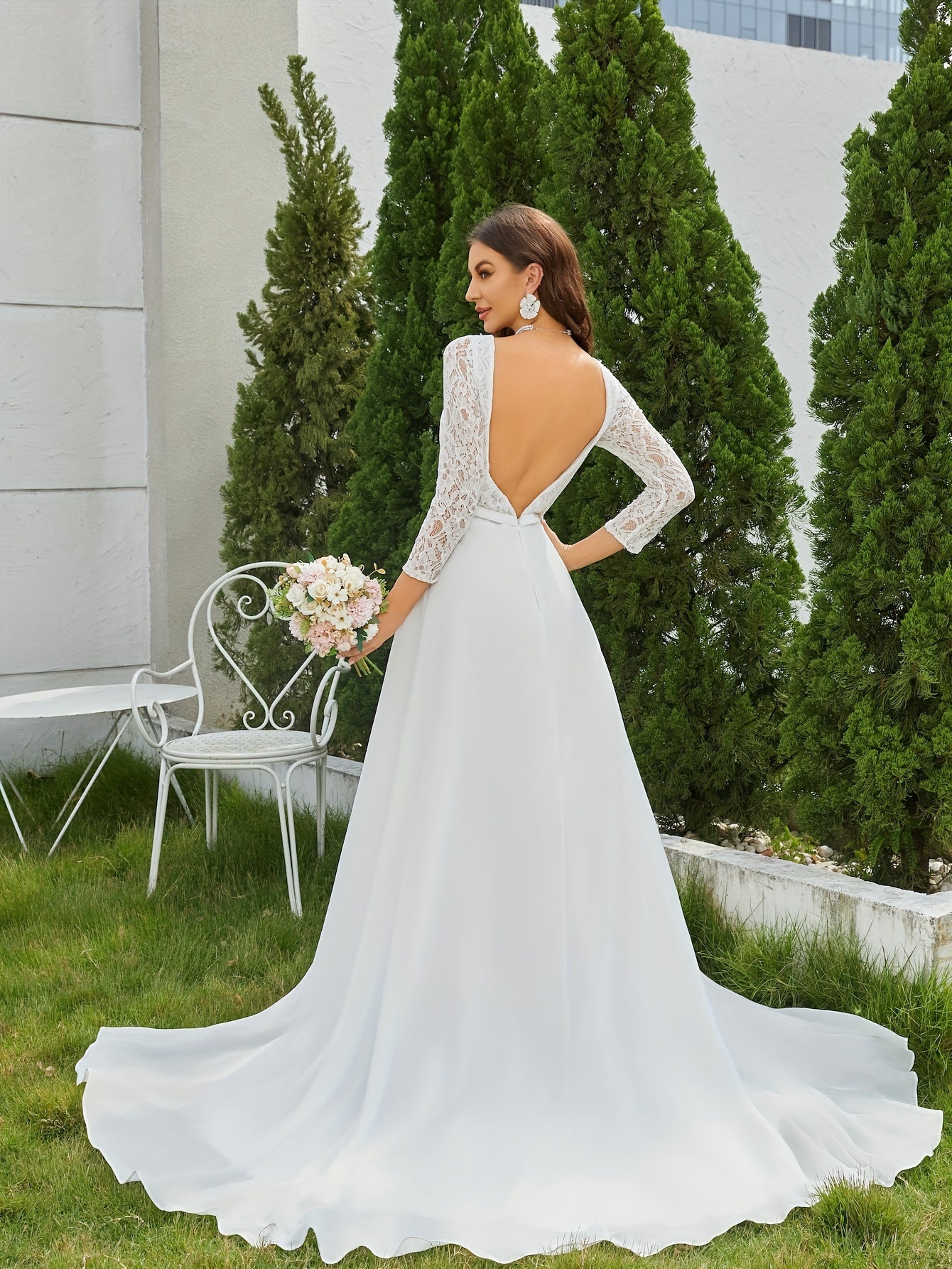Long Sleeve Lace Backless Wedding Dress