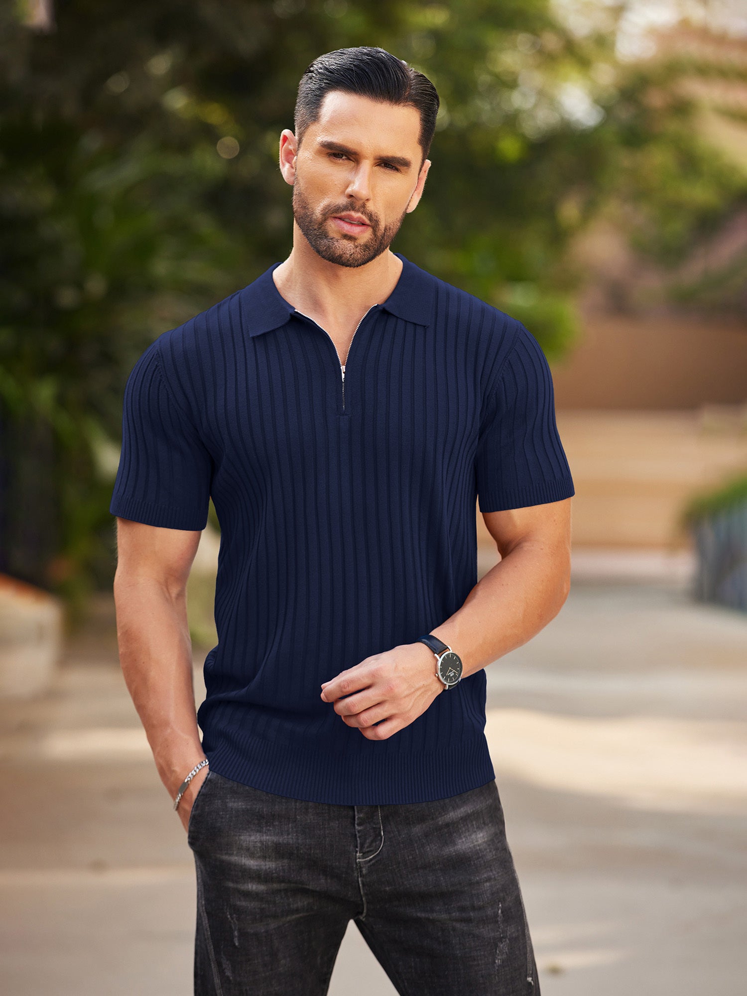 Zipper Knit Mens Polo Shirt