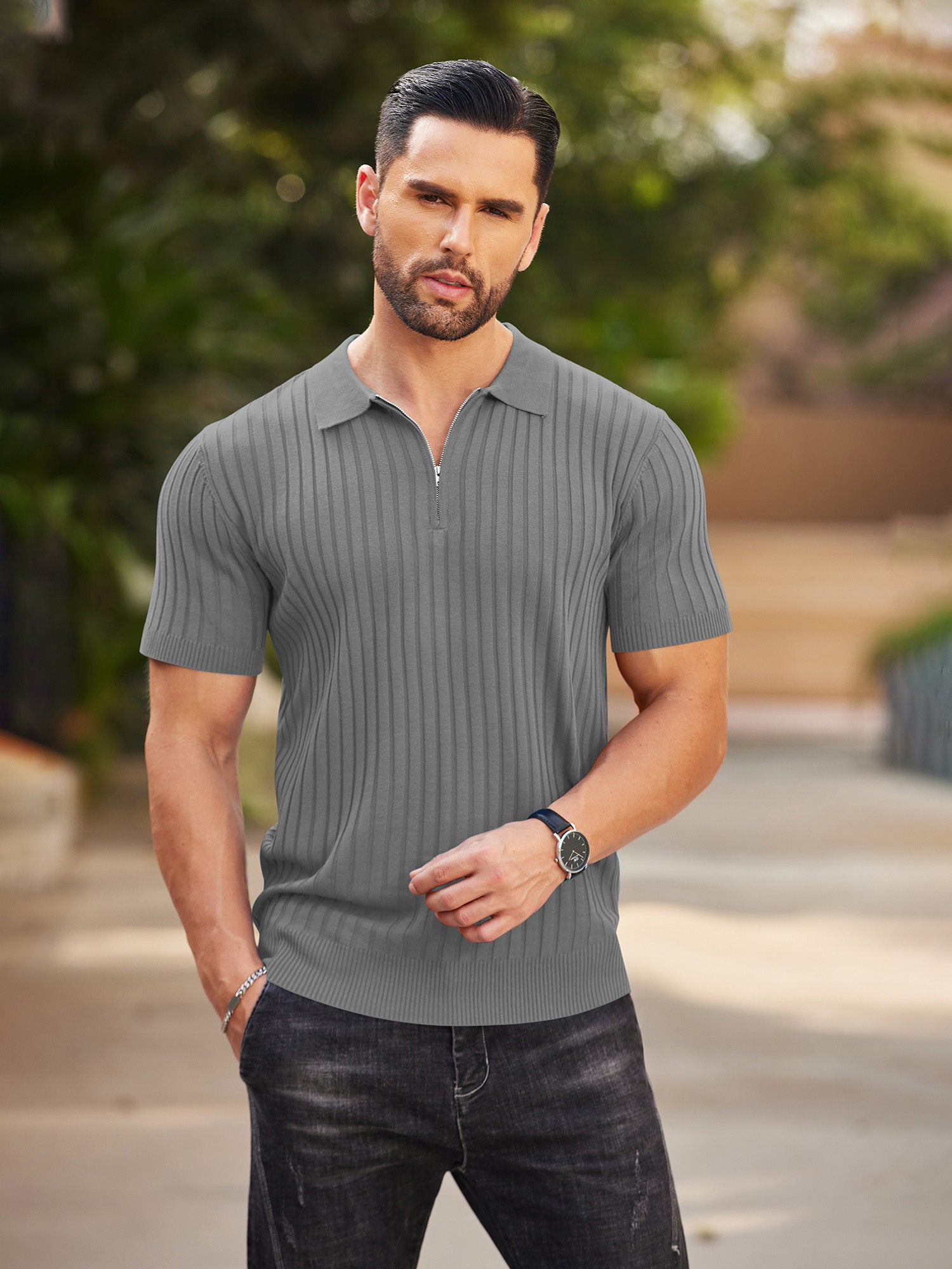 Zipper Knit Mens Polo Shirt