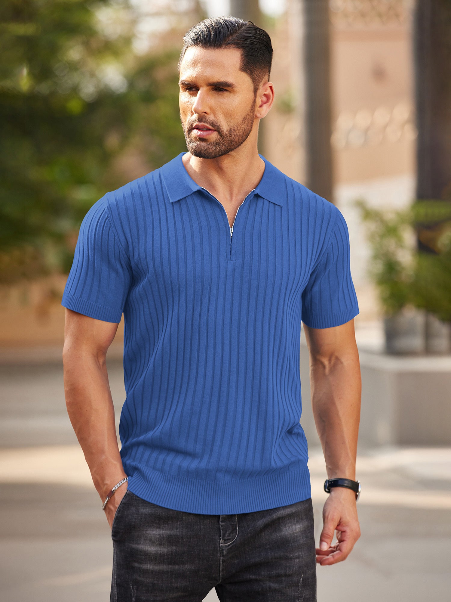 Zipper Knit Mens Polo Shirt