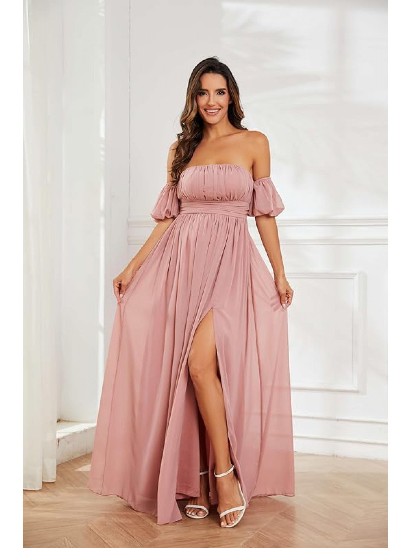 Off-Shoulder Chiffon Bridesmaid Maxi Dress