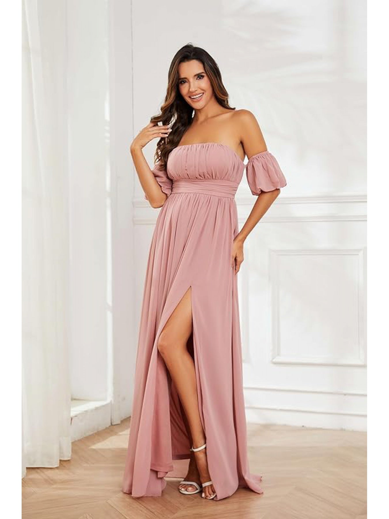 Off-Shoulder Chiffon Bridesmaid Maxi Dress