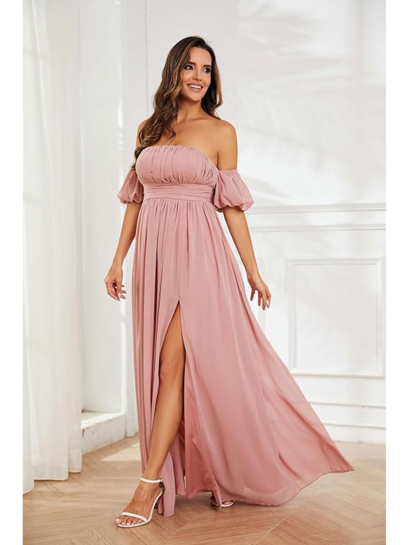 Off-Shoulder Chiffon Bridesmaid Maxi Dress