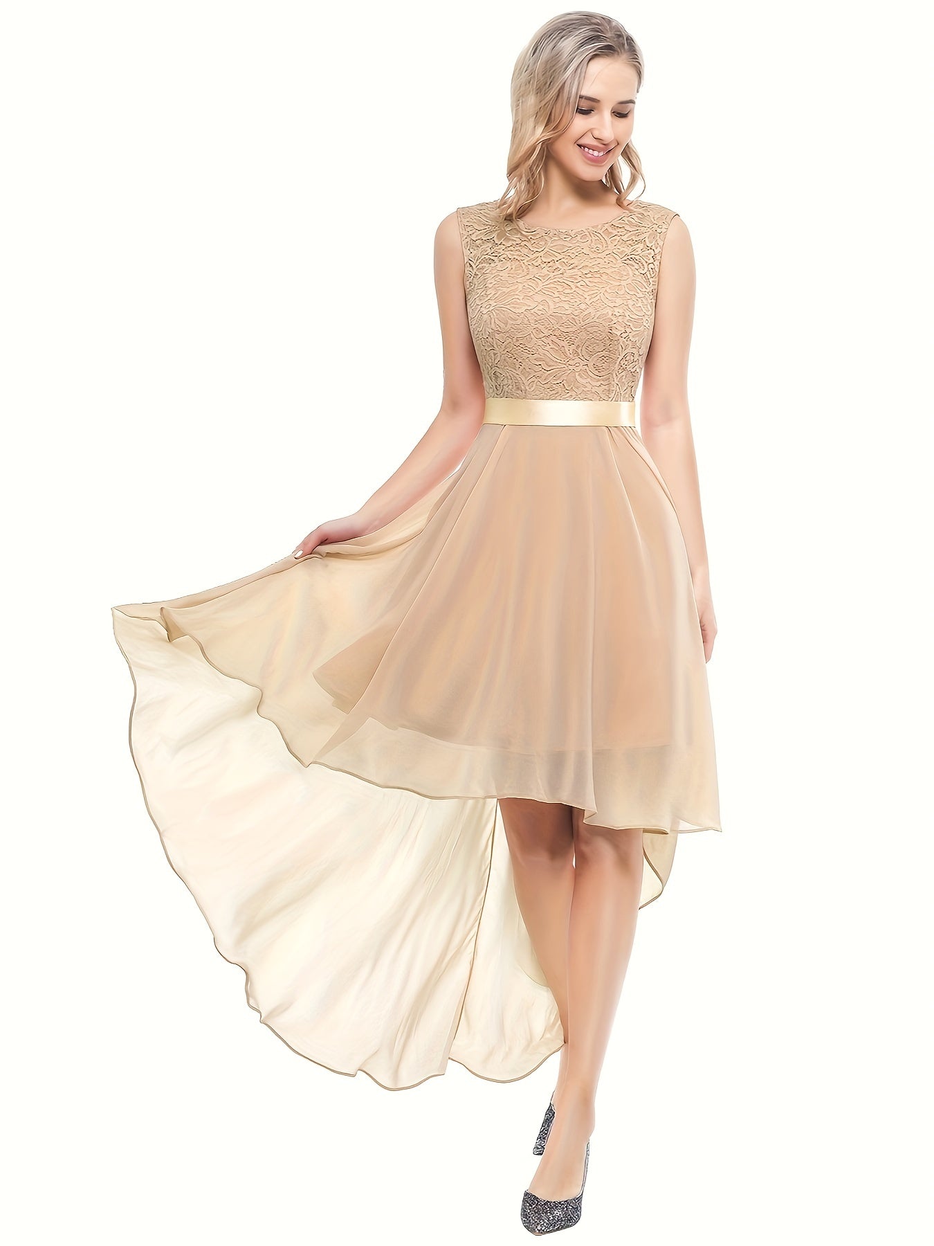 Asymmetric Lace Bow Waist Dress