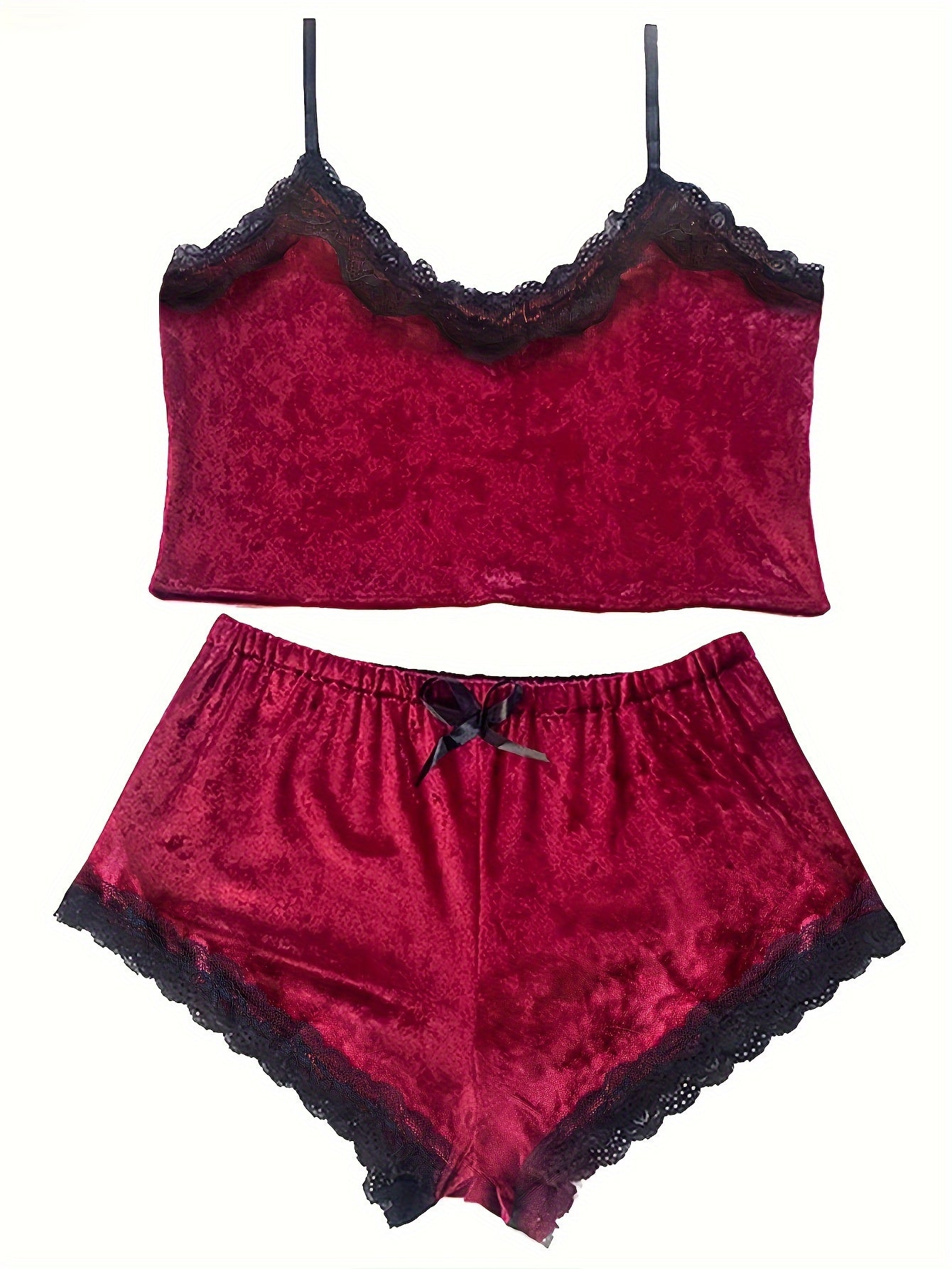 Women Lace Trim Velvet Pajama Set