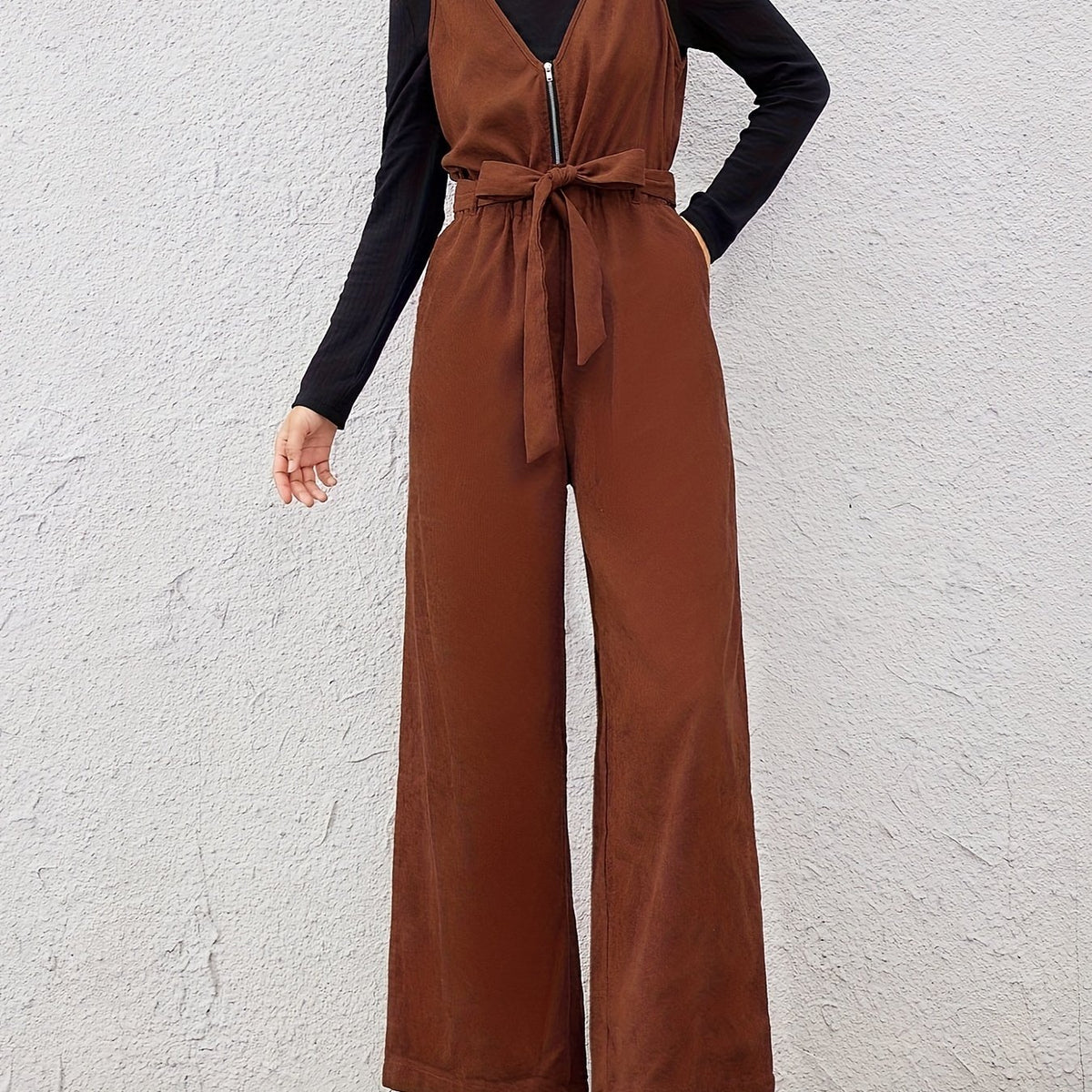 Women Belted V-Neck Zipper Jumpsuit