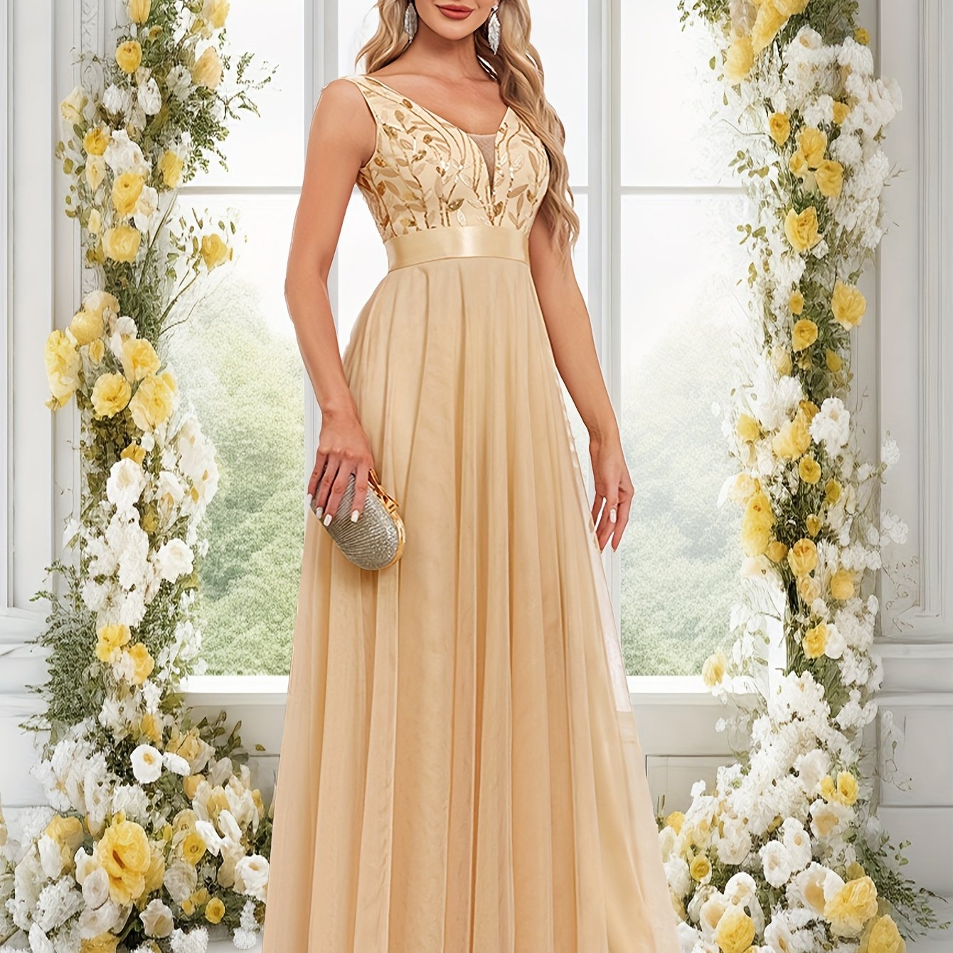 Deep V-Neck Embroidered Tulle Wedding Dress